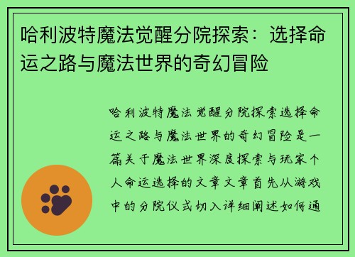 哈利波特魔法觉醒分院探索：选择命运之路与魔法世界的奇幻冒险